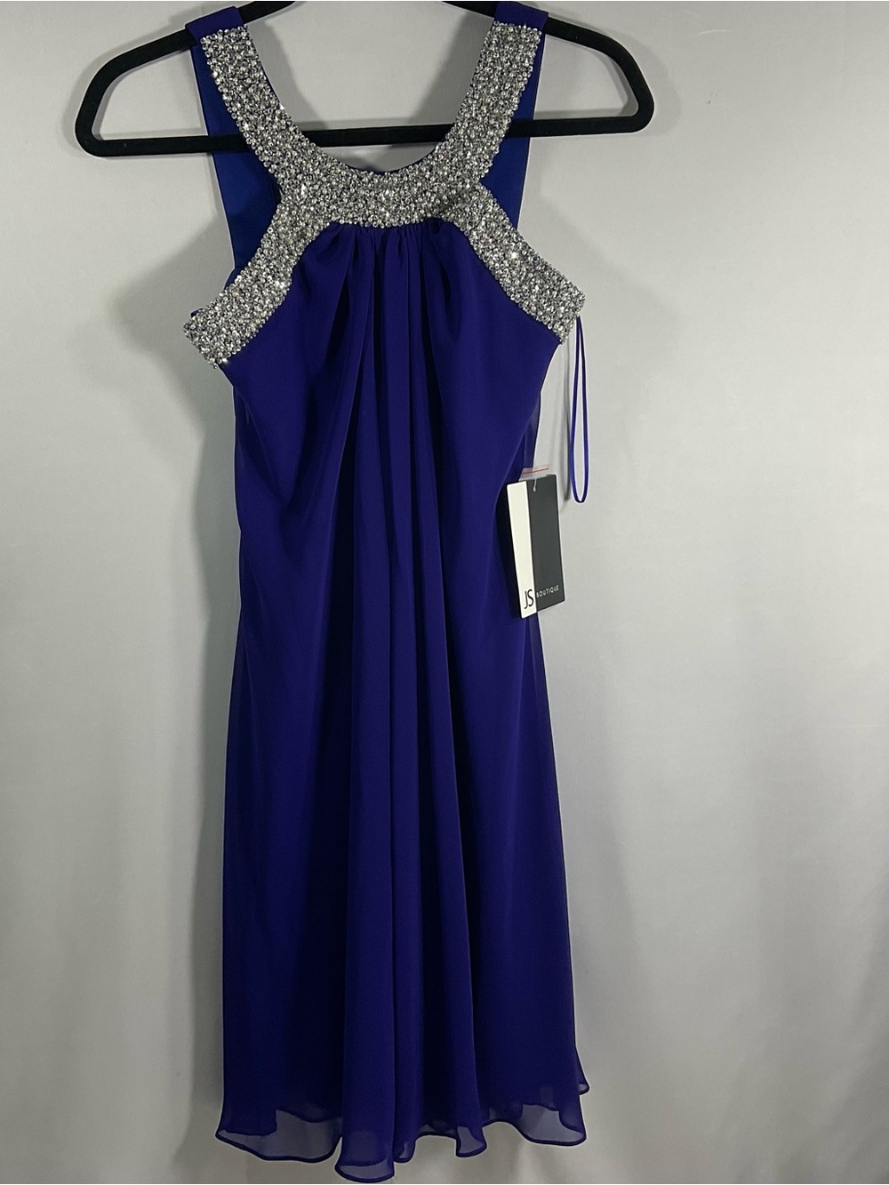 JS Boutique Beaded Halter Prom Dress in Royal Blue